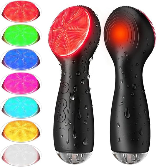Facial Cleansing Brush, Face Scrubber, Electric Face Brush with 7 Colors, Rechargeable Waterproof Exfoliator with Heat and Vibration, Deep Cleansing and Massage for Men and Women(Black)