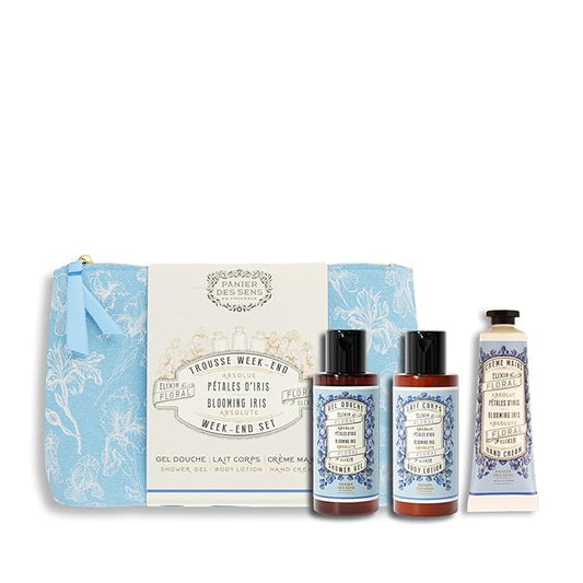 Panier des Sens - Travel Pouch Iris Gift Set - Shower Gel 3.3 fl oz + Body Lotion 3.3 fl oz + Hand Cream 1 fl oz - 97% Natural Ingredients - Made in France, Vegan Friendly Body Care