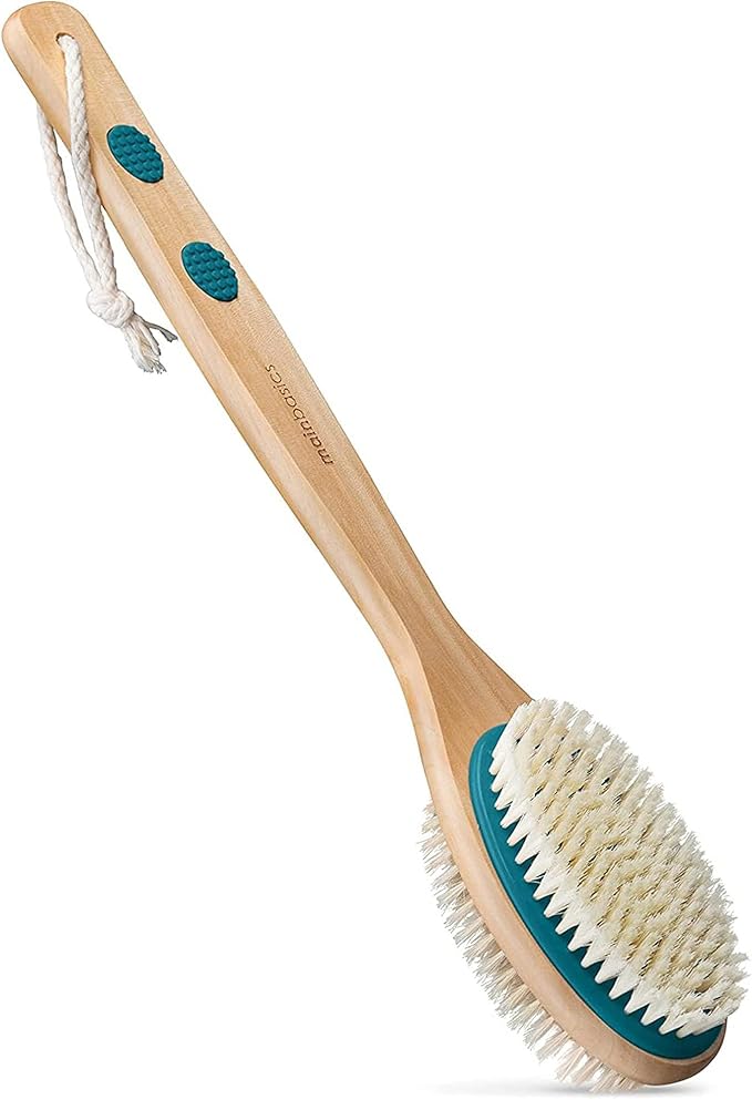MainBasics Back Scrubber for Shower – Long Handle Dual-Sided Brush for Body Wash & Scrubbing with Exfoliating & Soft Bristles (Teal, Wood)