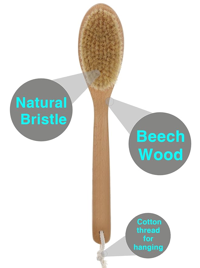 Bath Body Brush Long Handle Wooden Shower Brush with Natural Bristles