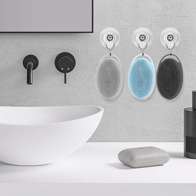 Soft Silicone Body Scrubber 3 PCS Silicone Body Shower, Silicone Loofah 2 in 4 Bath and Shampoo Brush, Body Scrubber Shower Cleaning Exfoliating Use,Lather Well, Black,Blue,Grey