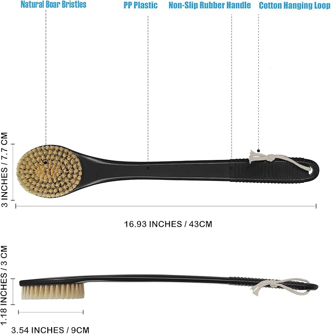 17-Inch Back Scrubber for Shower, Anti-Slip Exfoliating Body Brush for Bath, Gentle Back Brush for Shower for Men, and Women, Cleaning Skin for Smooth, Glowing Skin (Boar Bristles)