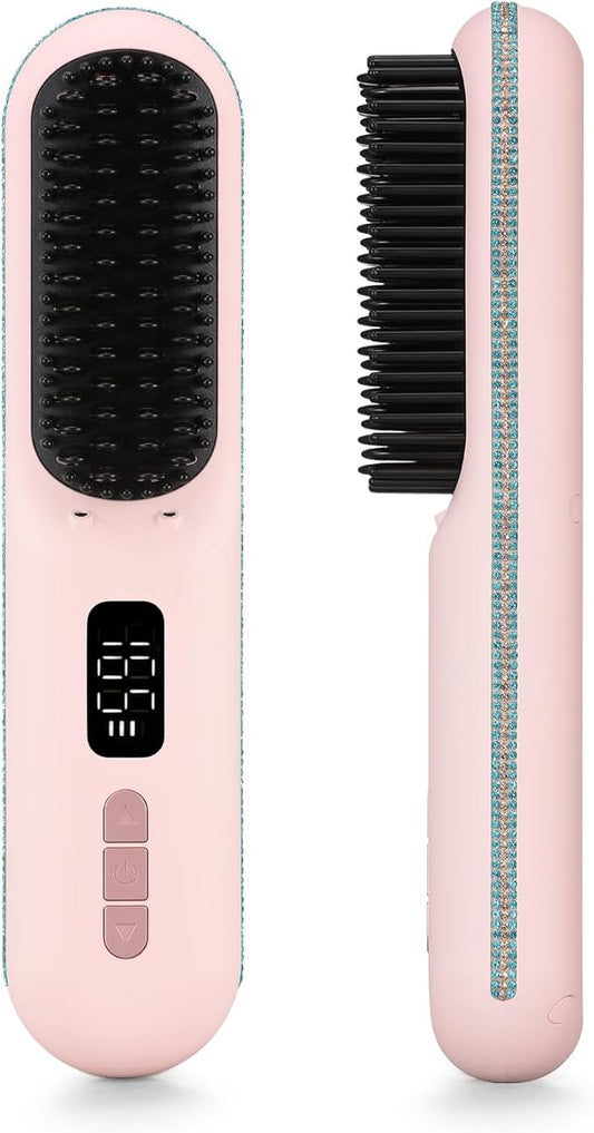 Cordless Hair Straightener Brush, Go Brush Pro, Portable Crystal Diamond Bling Mini Straightening Brush for Travel, Negative Ion Hot Comb with 9 Temps, Anti-Scald Ceramic, Fast Charging for Women