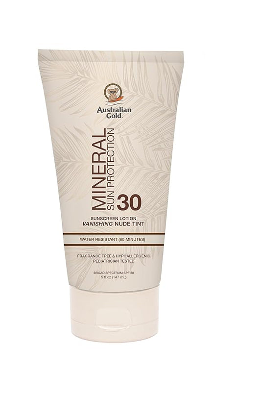 Australian Gold SPF 30 Mineral Sunscreen, 5 fl oz, Broad Spectrum Tinted Sunscreen, Gentle Protection for Every Shade, Vanishing Nude Tint, Blue Light Protection, Zinc Oxide 4% & Titanium Dioxide 4%