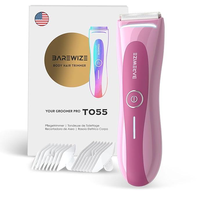 BAREWlZE Bikini Trimmer for Women, Pubic Hair Trimmer | LED Light, IPX7 Waterproof, USB-C Rechargeable, Replaceable Ceramic Blade | Electric Razors for Women, Electric Body Hair Shaver (Petal Bonbon)