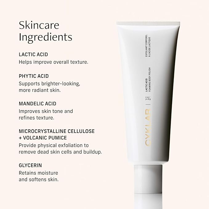 Cyklar Lactic Acid Foaming Body Polish – Exfoliating Body Wash with Chemical & Physical Smoothers – Includes Glycerin Hydration, Mandelic Acid & Volcanic Pumice. Fragrance-Free, 11 fl oz