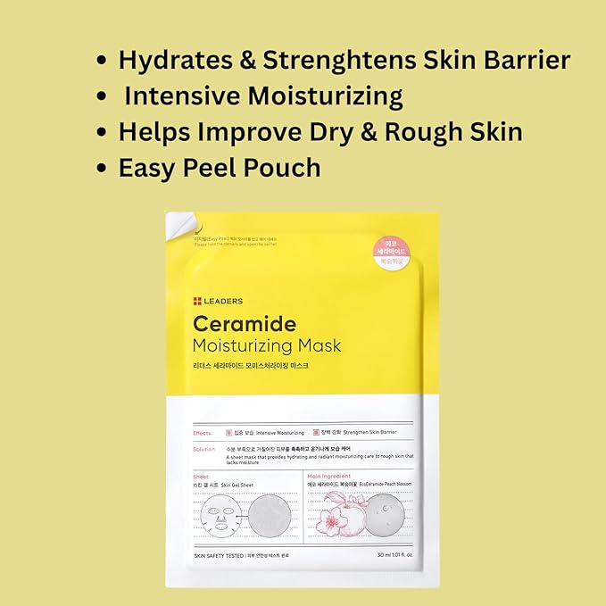 LEADERS Insolution Ceramide Moisturizing Mask - Hydrates, Moisturizes, Nourishes Rough & Dry Skin | Strengthens Skin Barrier, Easy Peel Pouch, Safe & Gentle for All Skin Types - 5 Sheets