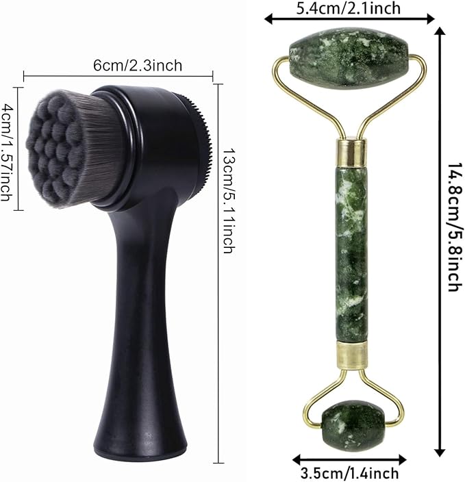 Face Brush 2 in 1, Silicone Facial Cleansing Exfoliating Brush Soft Bristles Pore Deep Cleansing, Jade Face Roller Skin Care Tools, Manual Dual Face Wash Scrub Brush Massaging Gift, BlackGreen