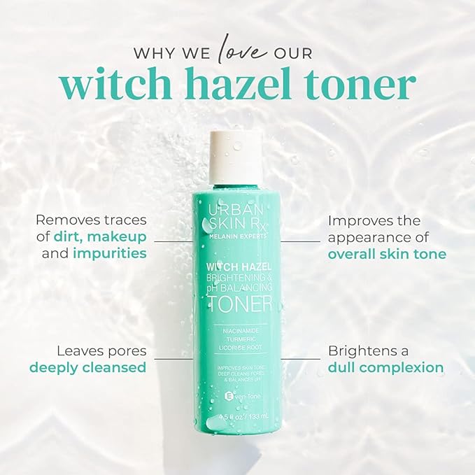 Urban Skin Rx® Witch Hazel Brightening & pH Balancing Toner, Exfoliated & Clarifies Clogged Pores, Improves The Appearance of Uneven Skin Tone, Reduces Redness & Brightens Dull Complexions, 4.5 Fl Oz
