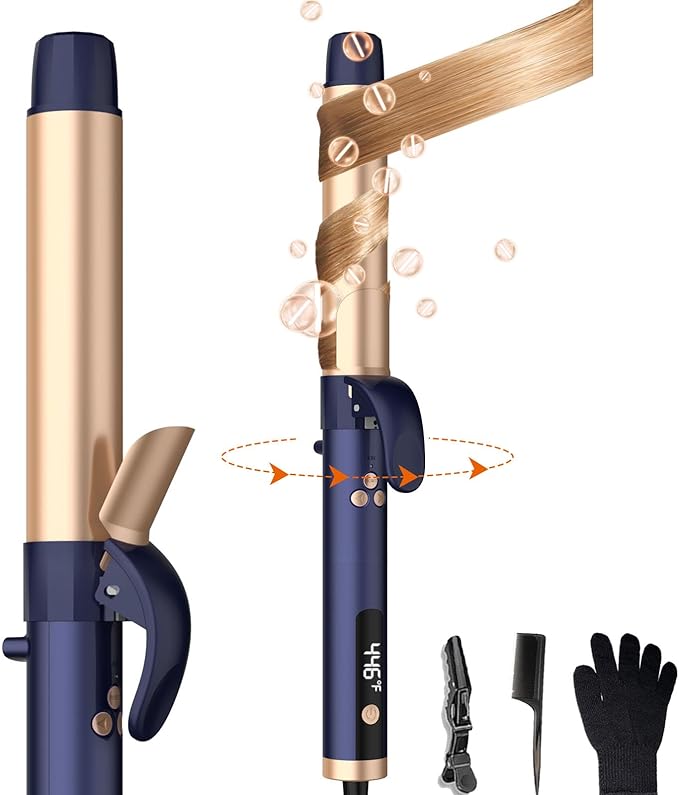 Rotating Curling Iron, 5 Temperature 1 1/4 in Automatic Curling Iron, Double Voltage 360° Rotating Auto Curling Wands, 1H Auto-Off & 30s Fast Heat Self Curler Travel Hair Styling Tools