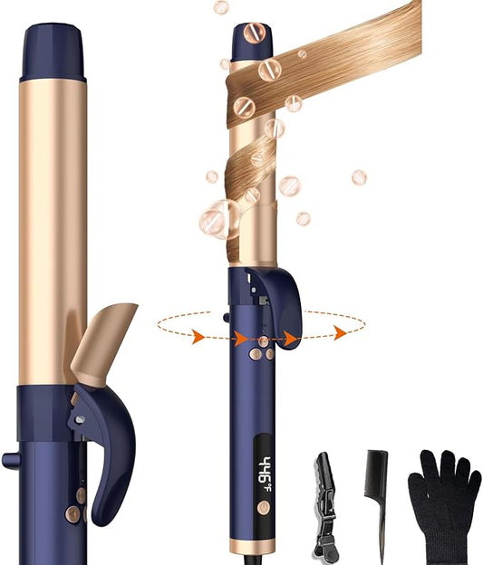 Rotating Curling Iron, 5 Temperature 1 1/4 in Automatic Curling Iron, Double Voltage 360° Rotating Auto Curling Wands, 1H Auto-Off & 30s Fast Heat Self Curler Travel Hair Styling Tools