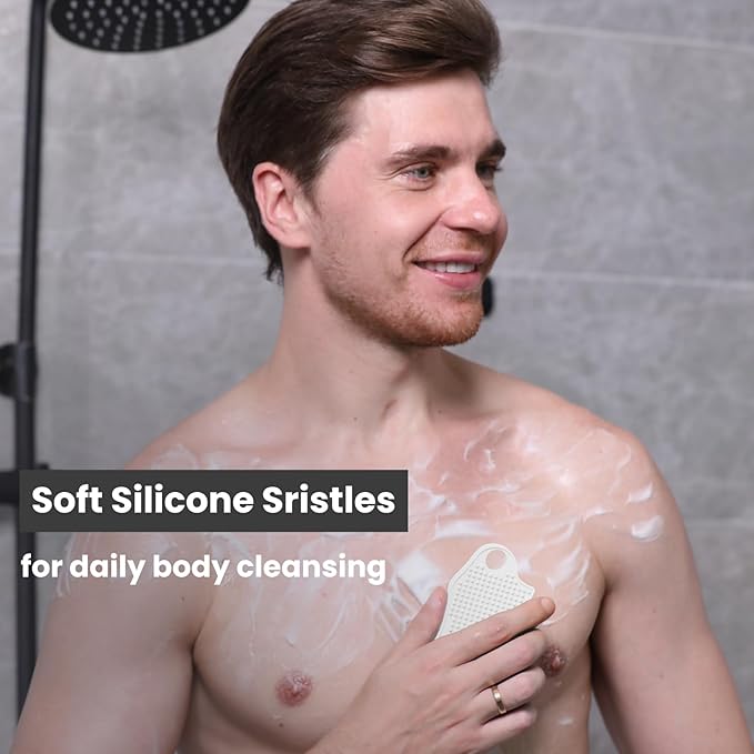 Silicone Body Scrubber Silver-Infused Dual-Sided 3-in-1 for Shower, Body Cleaning+Massage+Exfoliator Body Brush Buffer for Men and Women, Silicone Loofah, Non-Slip Handle (White)