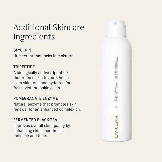 Cyklar Glycolic Acid Exfoliating Body Spray – 10% AHA Toner for Face & Body. Skin-Smoothing Spray with Peptides & Enzymes – Fragrance-Free, 6 fl oz