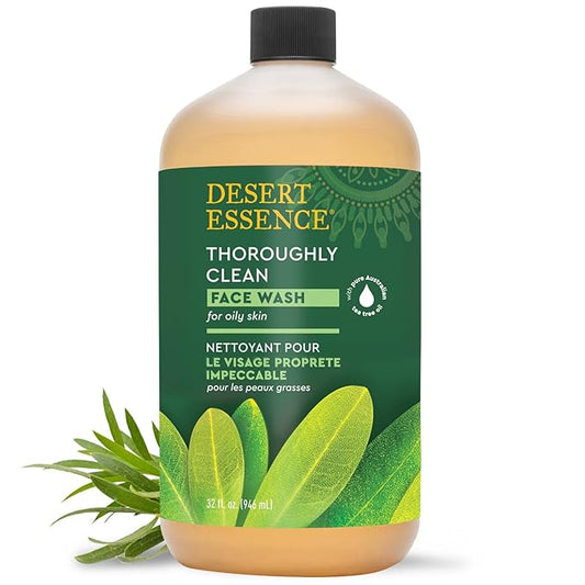 Desert Essence Thoroughly Clean Face Wash with Tea Tree Oil, Castile Soap and Coconut Oil - Organic Facial Cleanser for Sensitive and Oily Skin, Vegan & Cruelty-Free, 32 fl oz