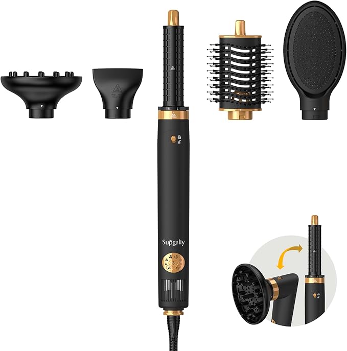 Air Styler 5 in 1, Hair Dryer Brush & Multi-Styler with 110,000 RPM High-Speed Powerful Motor, Auto-Wrap Curler, Cushion Massager, Oval Brush, Diffuser, Nozzle Attachment