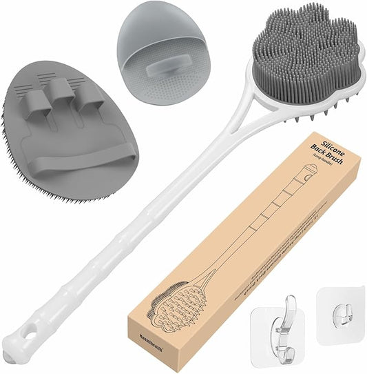 Manmihealth 15.7" Cute Silicone Body Scrubber & Soft Shower Brush Face Scrubber Set (3 PCS), Paw-Shaped Silicone Back Brush & Body Facial Scrubber with Super-Soft Bristles Combination(GraySet)