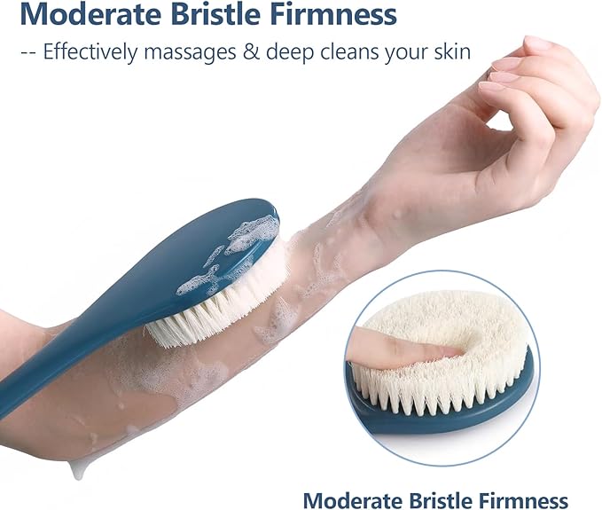 17-Inch Back Scrubber for Shower, Anti-Slip Exfoliating Body Brush for Bath, Gentle Back Brush for Shower for Men, and Women, Cleaning Skin for Smooth, Glowing Skin (Blue)