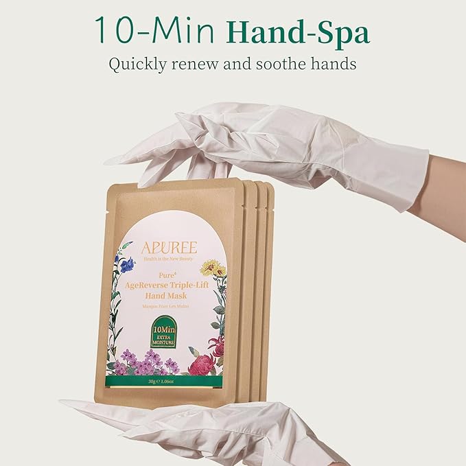 Apuree Anti Aging Hand Mask Gloves: 10-Minute Repair& Extra Moisture (5 * 30g)| for Severely Dry & Cracked Hands | Luxury Home SPA & 7 Peptides Collagen| All Skin Types| Vegan & Cruelty Free