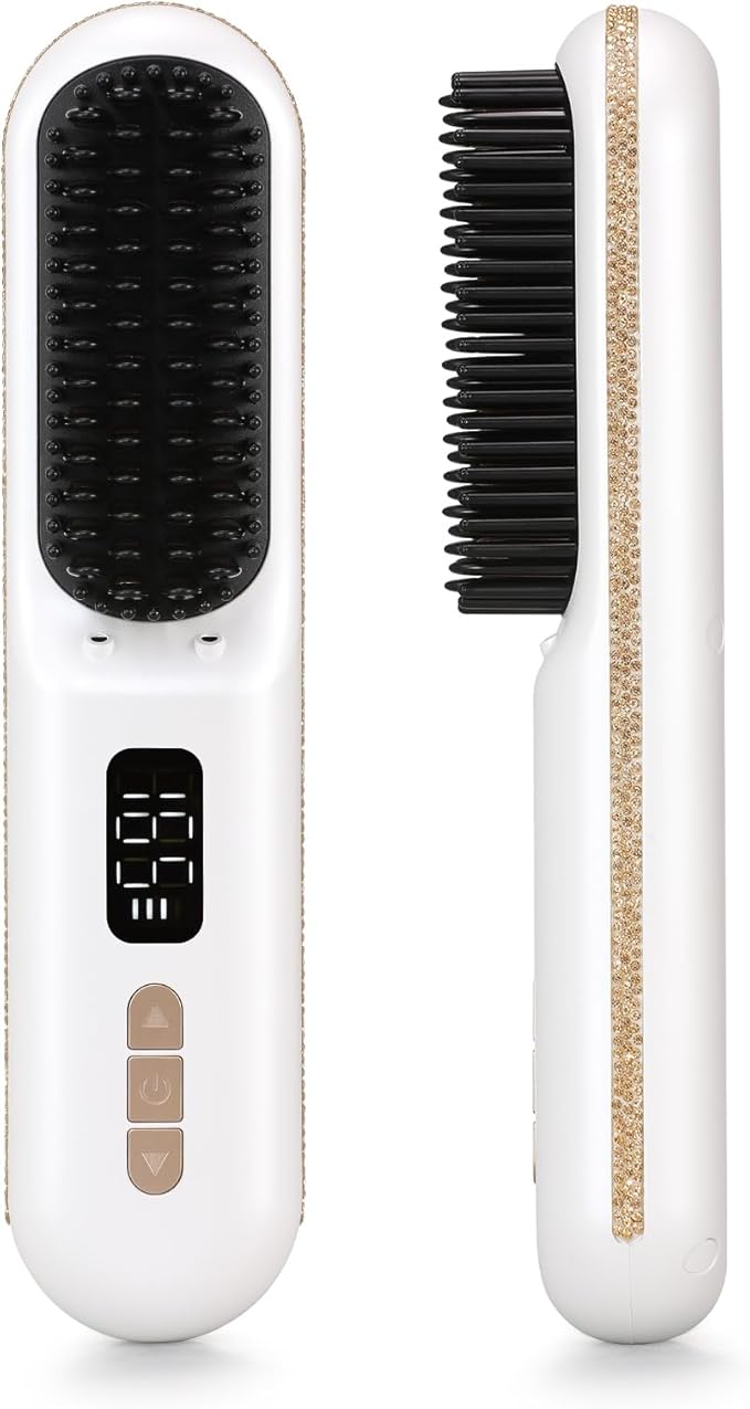 Cordless Hair Straightener Brush, Go Brush Pro, Portable Crystal Diamond Bling Mini Straightening Brush for Travel, Negative Ion Hot Comb with 9 Temps, Anti-Scald Ceramic, Fast Charging for Women