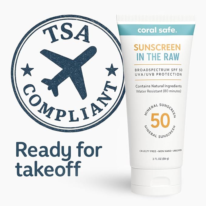 Reef Safe Mineral Sunscreen Travel Lotion SPF 50 - Mexico & Hawaii 104 Reef Act Compliant, Biodegradable, Zinc Oxide, Oxybenzone & Octinoxate Free, Water Resistant, Natural Ingredients, by Coral Safe