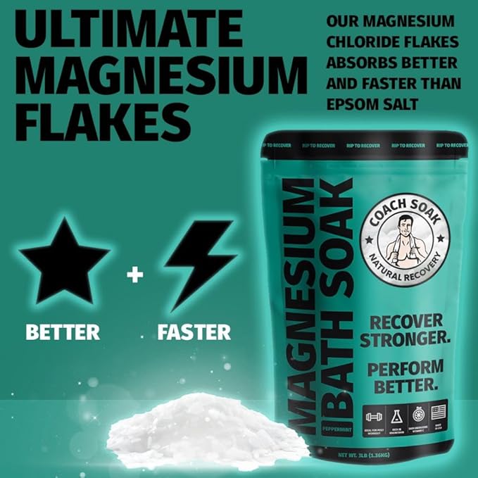 Coach Soak Recovery Bath Soak - Alternative to Epsom Salt Bath Soak - Fast-Absorbing Pure Magnesium Flakes & Dead Sea Salt with 21 Minerals, Bath Salts & Essential Oils - 3 lb, Cooling Peppermint