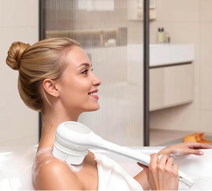 Electric Body Brush Back Scrubber for Shower, Waterproof Long Dual Handle Power Body Scrubber with 3 Heads, Rechargeable Bath Brush & 2 Speeds, for Cleansing, Exfoliating and Massaging Skin