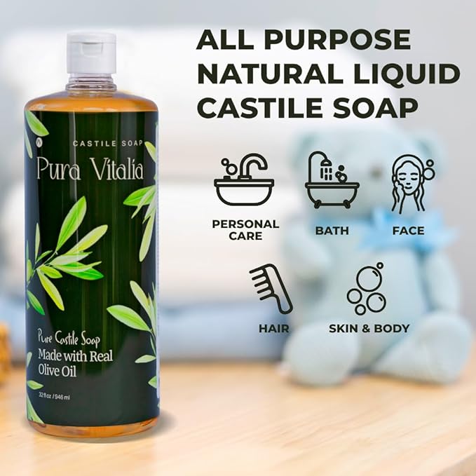 Unscented Organic Castile Soap | Body Wash & Cleanser for Face & Hands | Biodegradable, Eco-Friendly, Palm Oil Free, Vegan & Gentle | Made with 6 Natural Ingredients | 16 oz