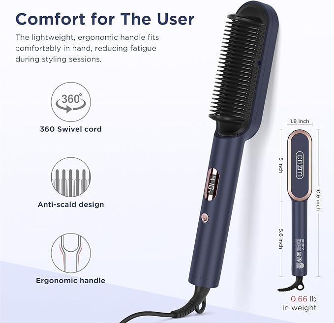 Prizm Hair Straightener Brush, 20s Fast Heating, Negative Ions Hair Straightening Brush with Less Frizz, 4 Temp Settings & LED Display, Anti-Scald Design, Gift for Women, Dual Voltage, Prussian Blue