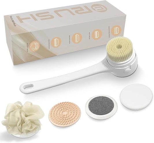 Electric Body Brush Back Scrubber - Waterproof Long Handle 5-in-1 Rechargeable Bath Brush with 3 Speed Modes, Exfoliating & Massaging Shower Brush for Body (White)