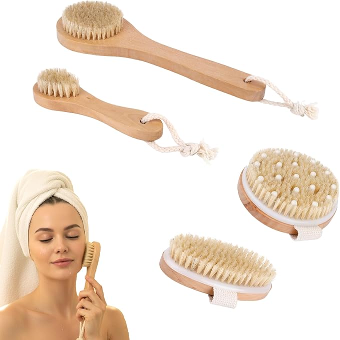 Dry Brush Set-4 Packs Natural Boar Bristle Dry Brushing Body Brush Exfoliating, Face, Foot, Bath Brush for Face and Body for Cellulite Lymphatic Drainage(Set A)