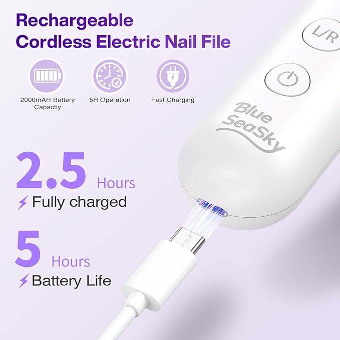 Professional Electric Nail Drill 2000mAH Portable Cordless Electric Nail File 10 in 1 Manicure Pedicure Kit ,5-Speeds Toe Nail Tools Hand Foot Care,Thick Toenail Grinder for Women Men Pets (Purple)