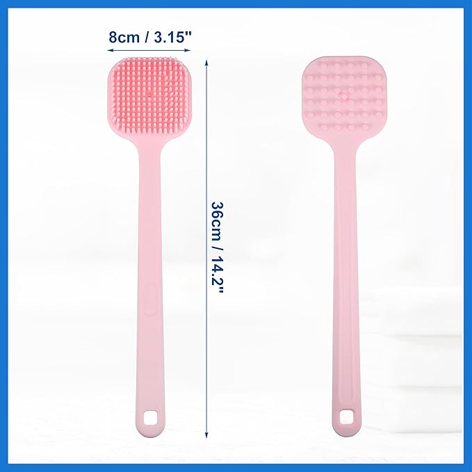 Soft Silicone Bath Brush, Non-Slip Back Scrubber Shower with Long Handle for Men and Women, Pink Routine