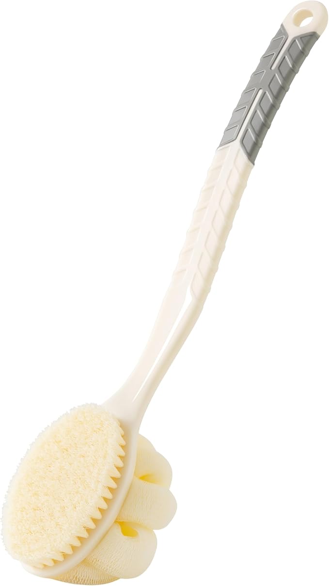Shower Body Brush with Bristles and Large Pumpkin Loofah,Back Scrubber Bath Mesh Sponge with Anti-Slip Curved Long Handle for Skin Exfoliating,Massage Bristles for Wet or Dry,Men Women (White)