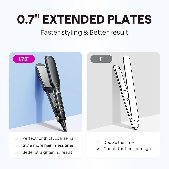 Wavytalk Wet to Straight Hair Straightener, Titanium 1.75 Inch Vent Sesh Wide Flat Iron, Straightener for Damp or Dry Hair with Dual Voltage Leave Silky & Smooth, Black