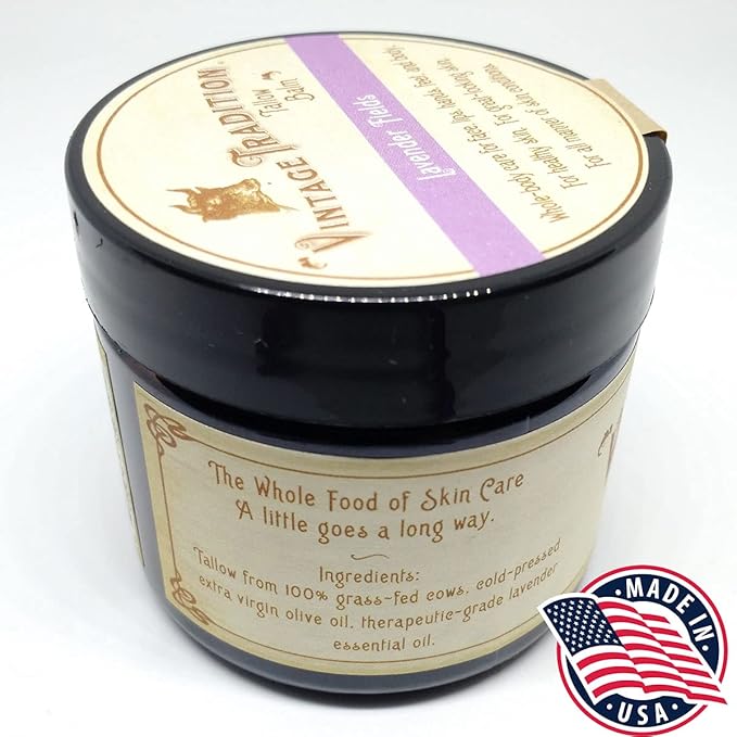 Vintage Tradition Beef Tallow All Purpose Balm - Healing, Hydrating Lavender Skin Care Salve Replaces Body Lotion, Hand Cream, More - Essential Oil, Olive Oil, and Grass-Fed Tallow, 2 fl. oz.