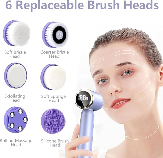 6-in-1 Facial Cleansing Brush, Electric Face Scrubber with 6 Brush Heads, 3-Speed Waterproof Spin Brush, Rechargeable Face Cleaner for Dry, Oily, and Sensitive Skin (Purple)