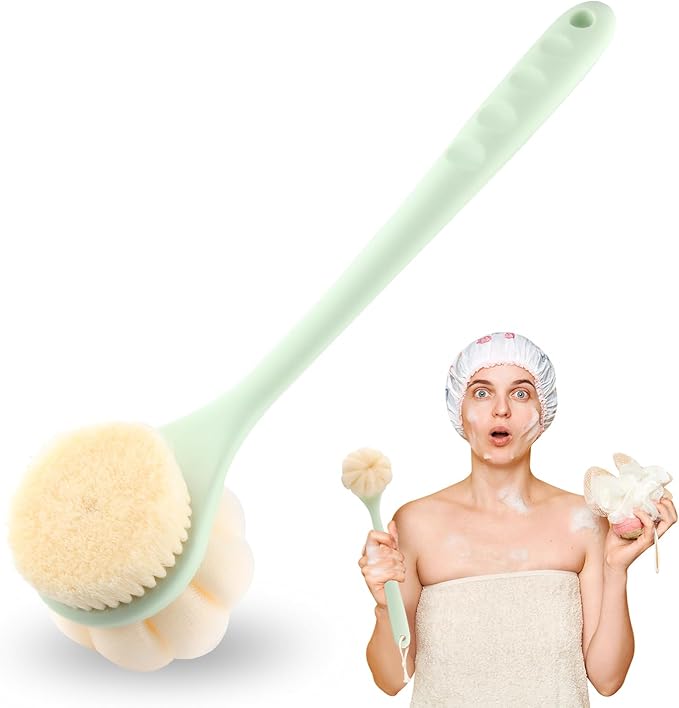 1-Pack Green Double Sided Bath Brush with Soft Bristles and Loofah,Long Handle Back Scrubber,Exfoliating Back Shower Brush for Women and Men