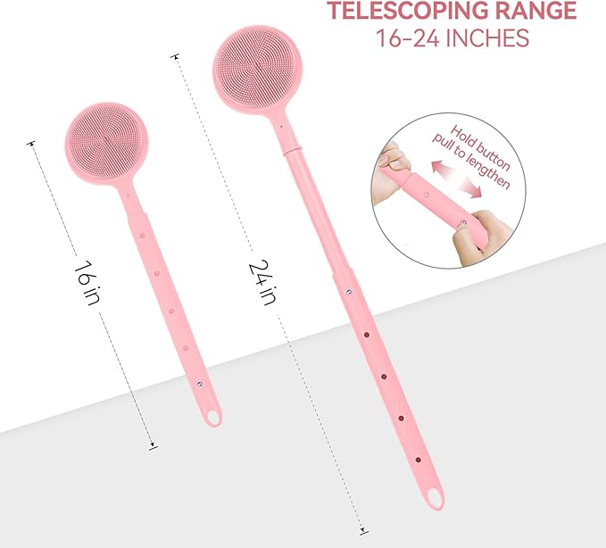 Back Scrubber for Shower, (16-24 Inch) Extendable Bath Brush Long Handle for Shower, Silicone Body Scrubber with Handle, Back Brush for Shower Men and Women,Easy to Clean (Pink)