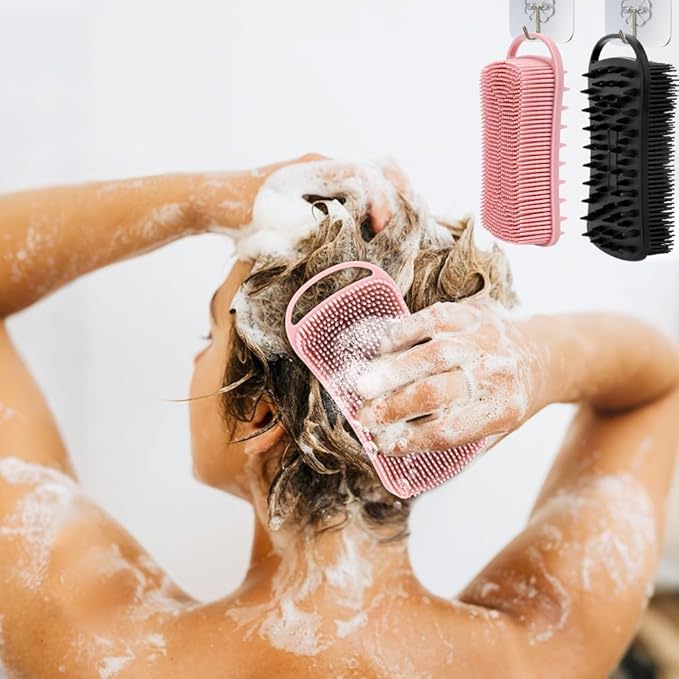 Silicone Body Scrubber, 2 in 1 Soft Silicone Loofah 2 Pack Exfoliating Body Scrubber Loofah for Women Men, Body Scrubber Shower Bath Shampoo Brush with Loop for Sensitive Skin Lather Well, Black &Pink