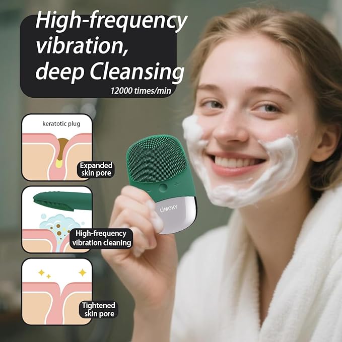 Facial Cleansing Brush, 3-in-1 Electric Silicone Face Scrubber, Vibrating Massager, IPX7 Waterproof, USB Rechargeble Pore Brush for Deep Cleanning, Blackhead Remover, Exfoliating (Green)