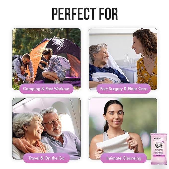 Extra Large Bath Wipes for Adults Bathing No Rinse - 120 Disposable Body Cleansing Wipes for Men, Women & Elderly - Great for Gym, Camping, Post Surgery - Lavender