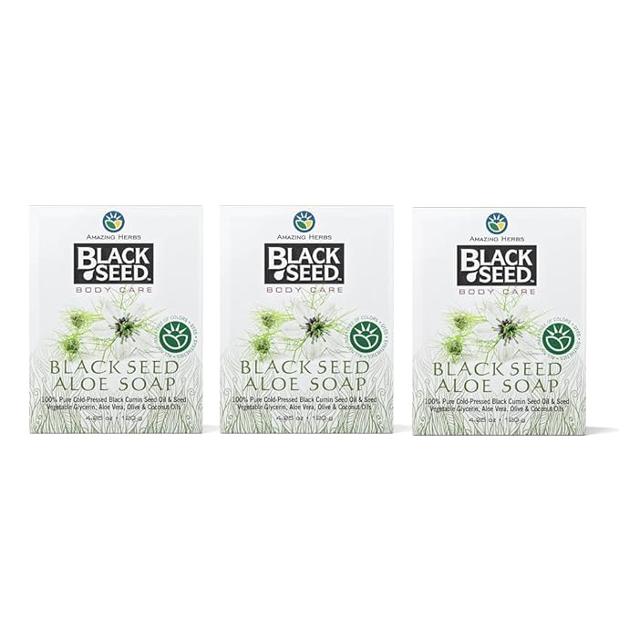 Amazing Herbs Black Seed Soap - 100% Pure Cold-Pressed Black Cumin Seed Oil, All Natural, Free of Colors, Dyes, & Fragrances - Black Seed Aleo Vera Soap, 4.25 Oz (Pack of 3)