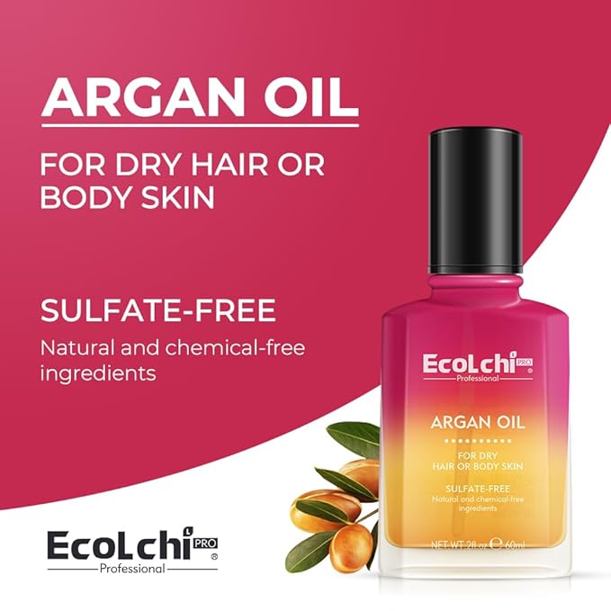 Ecolchi Argan Hair Oil Hair Serum Cold Pressed Weightless Vitamin E Argan Oil Hair Treatment for Dry Damaged Hair Body Skin 60ml