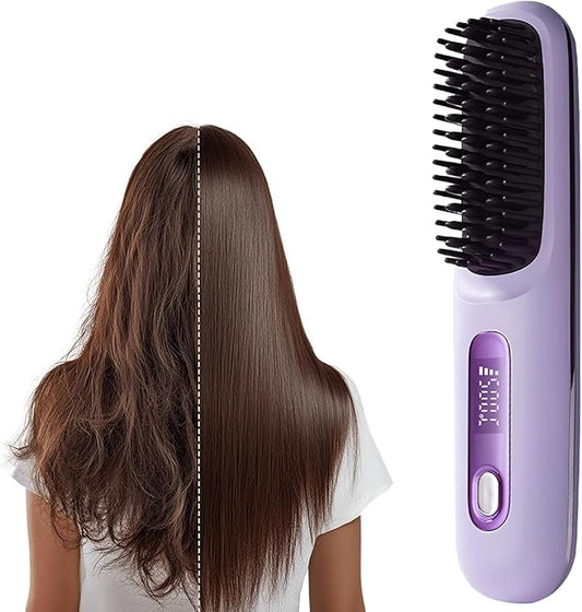 Go Brush Pro, 2026 Upgraded Go Brush Pro, Portable Straightener Brushs for Travel, with LCD Temperature Display, Fast Heating Cordless Mini Hair Brushs, Portable Hair Straightener (Purples)