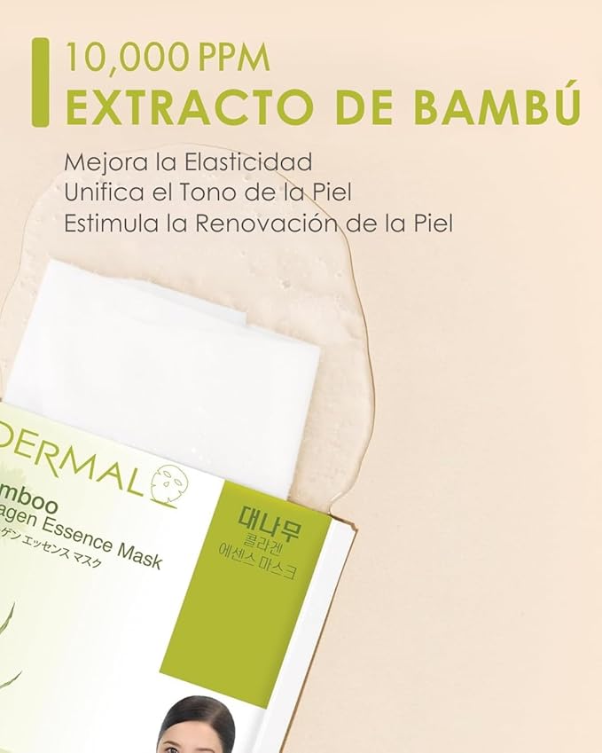 DERMAL Bamboo Collagen Essence Facial Mask Sheet 23g Pack of 10 - Hydrating & Calming, For Dewy and Glowing Skin, Daily Skin Treatment Solution Sheet Mask