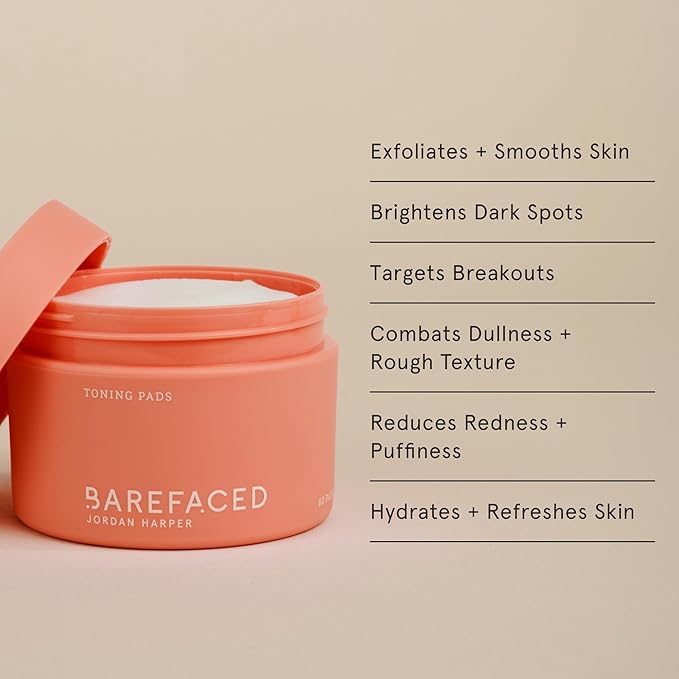 Barefaced Toning Pads (60 count) - Exfoliating Face Pads with 2% Glycolic Acid & Salicylic Acid - Brightens & Cleanses Skin, Clears Pores, Reduces Fine Lines & Wrinkles