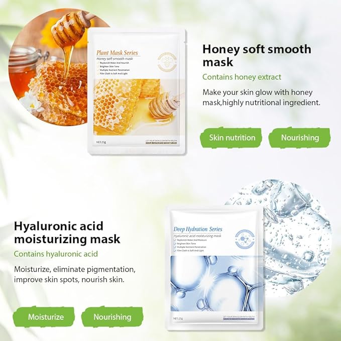 6 PCS Real Hydrating Avocado Honey Orange Aloe Vera Nature Face Masks Skincare, Hyaluronic Acid, Vitamin C and E, Chamomile, Korean Beauty Essence Facial Paper Sheet Mask for Skin Care Moisturizing