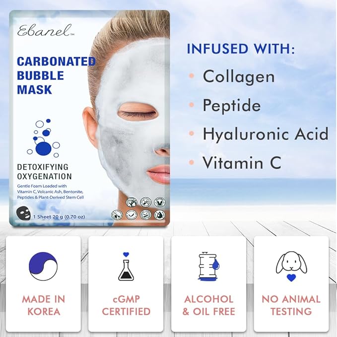 Ebanel 10 Pack Carbonated Bubble Clay Mask, Deep Cleansing Face Mask, Volcanic Ash and Bentonite Clay Masks with Collagen Peptides, Vitamin C, Hyaluronic Acid, Niacinamide