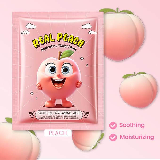 8 PCS Real Hydrating Nature Face Masks Skincare, Hyaluronic Acid, Vitamin C and E, Chamomile, Korean Beauty Essence Facial Paper Sheet Mask for Skin Care Moisturizing (Peach)