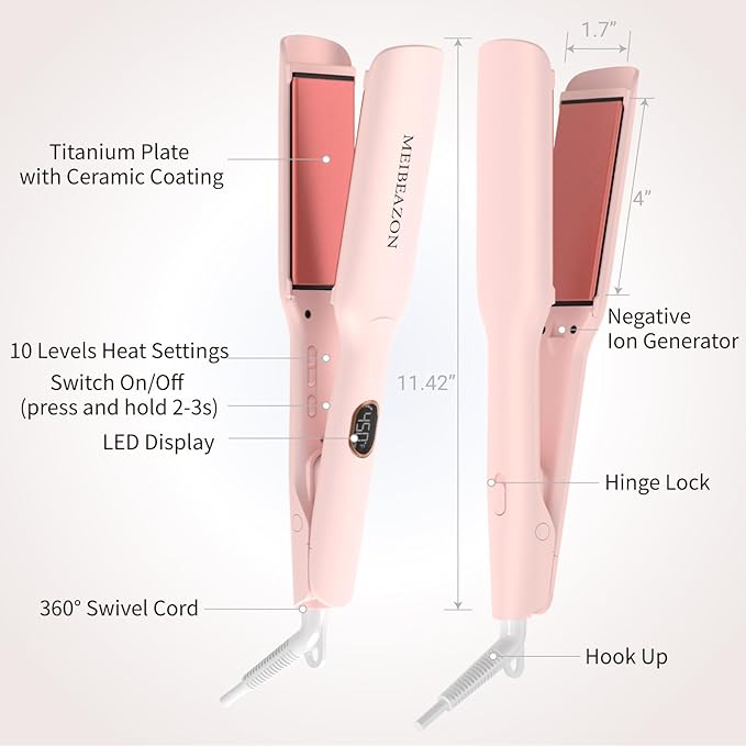 Flat Iron Hair Straightener – 1.7”Wide Ceramic Plate with Negative Ionic Technology, Digital Temp Control & Dual Voltage for Curly/Thick/Coily Hair